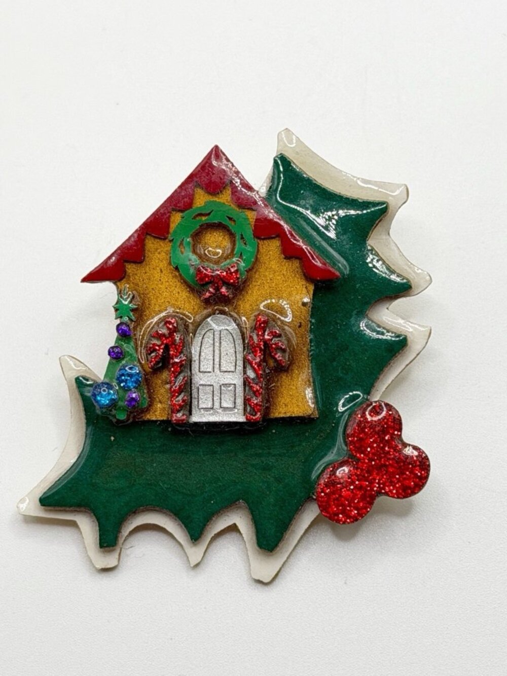 Lucinda Christmas Gingerbread House Holly Leaf Background Brooch Pin Glitter